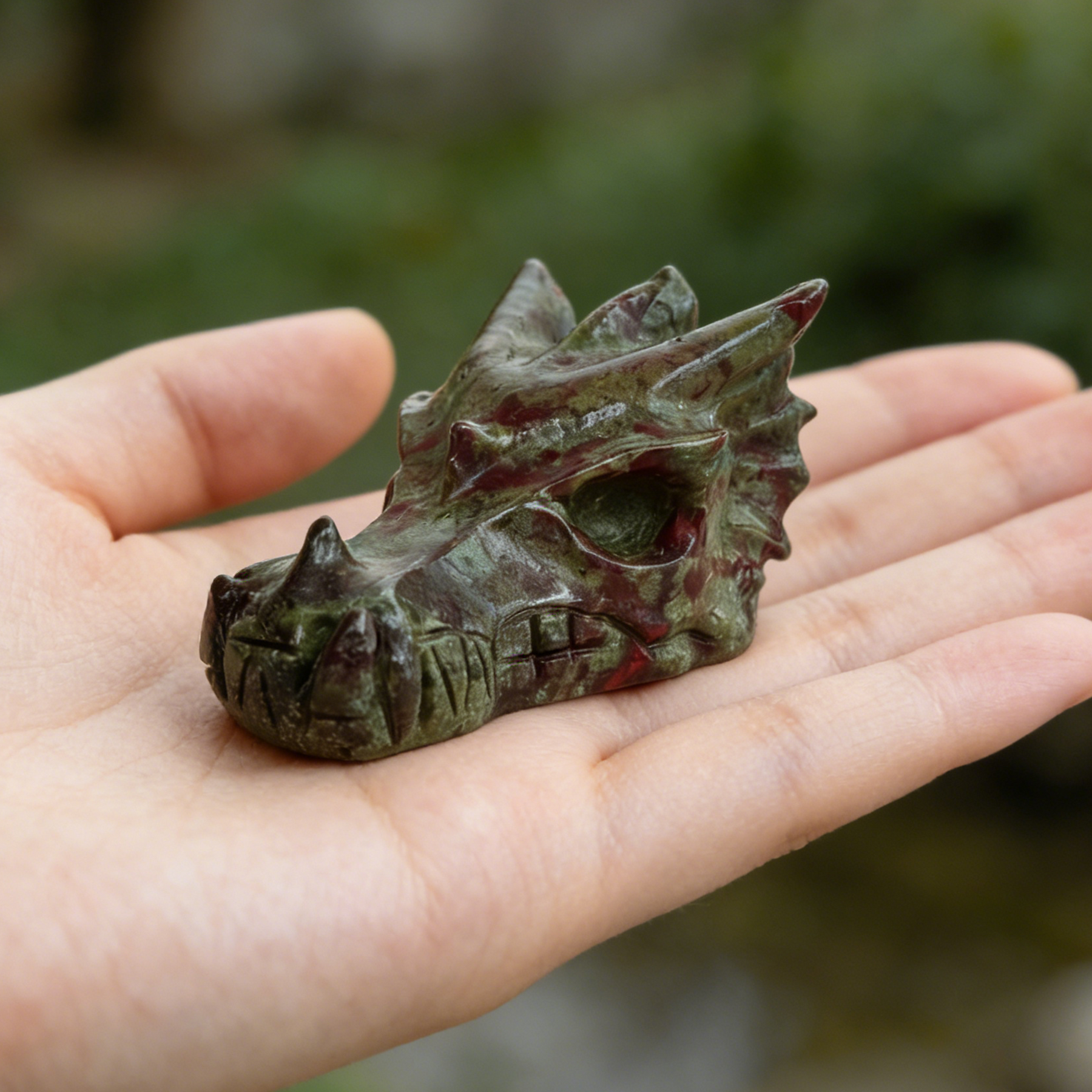 2 inch Dragon Bloodstone Chinese Dragon Skull - Natural Blood Jasper — view 1