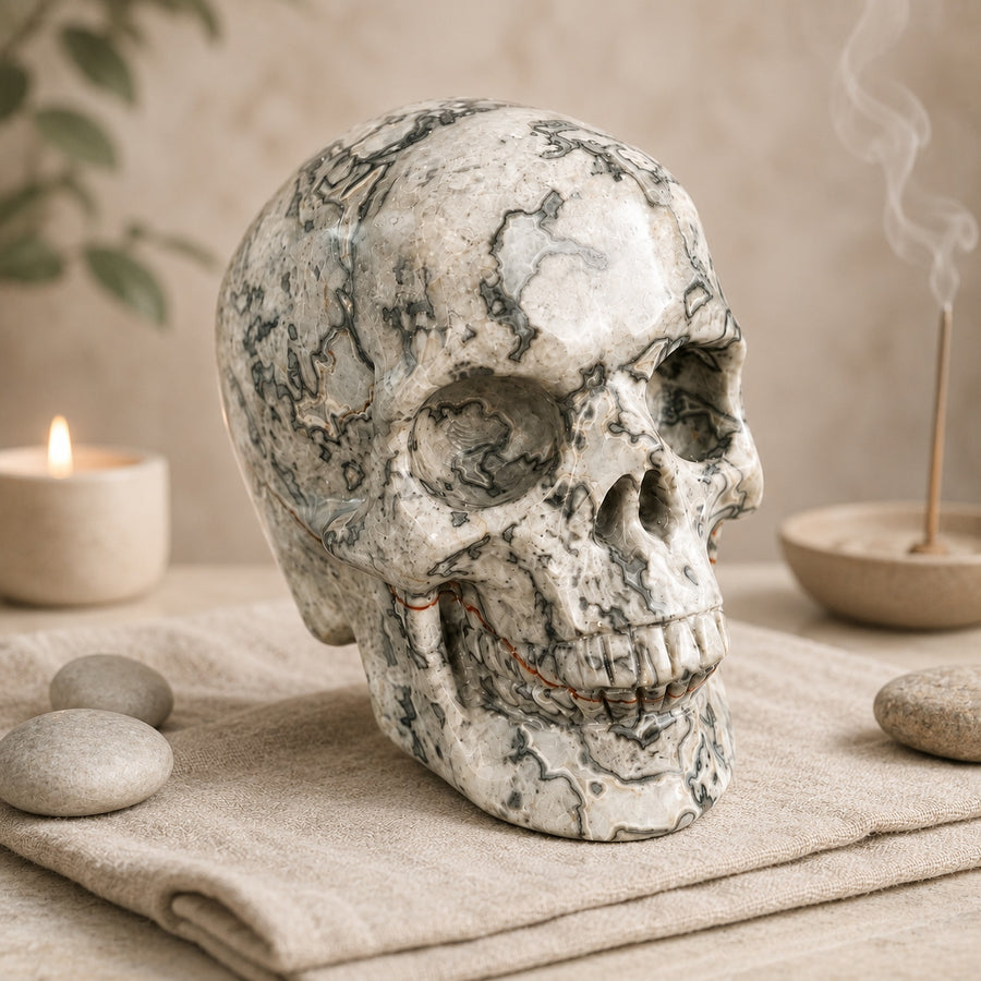 3-Zoll grauer Bilderjaspis-Totenkopf