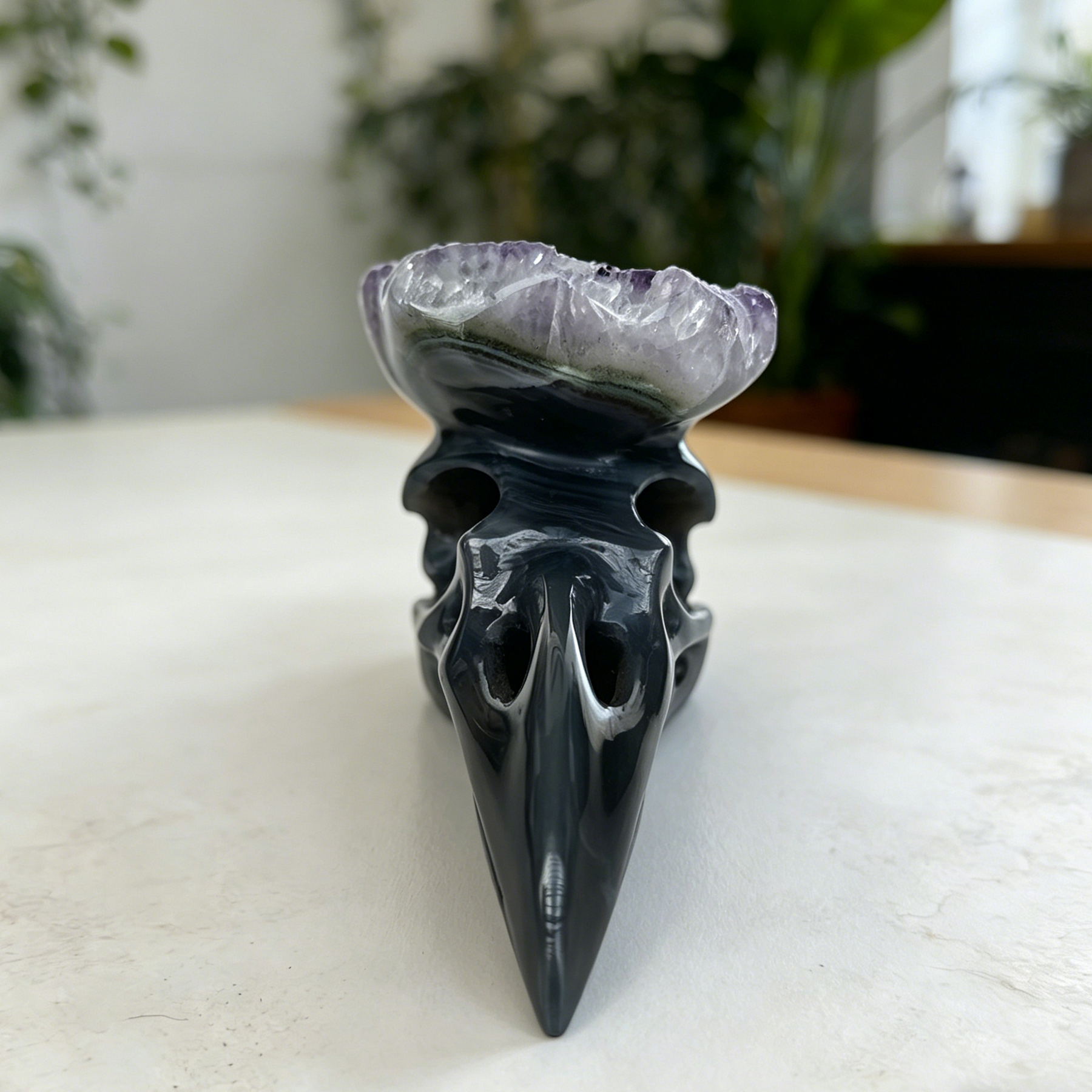 4 inch Amethyst Cluster Crow Skull - Natural Amethyst Crystal Carving — view 7