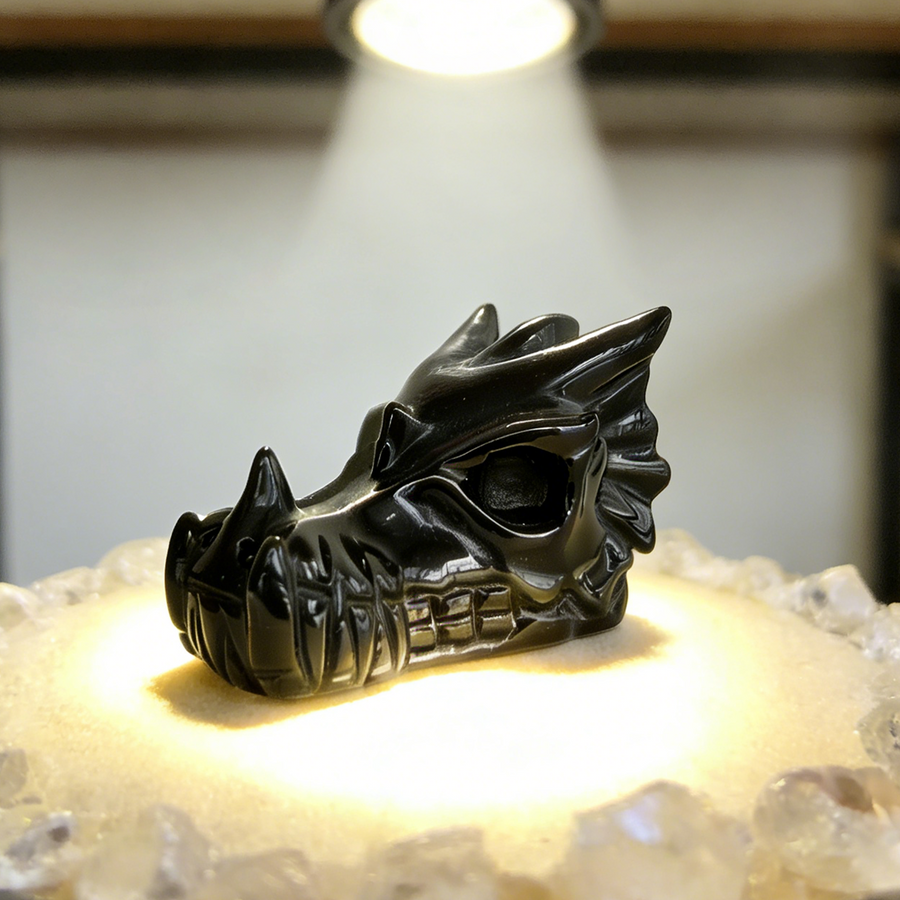 4.2 inch Black Obsidian Chinese Dragon Skull - Natural Obsidian Sculpture — view 1
