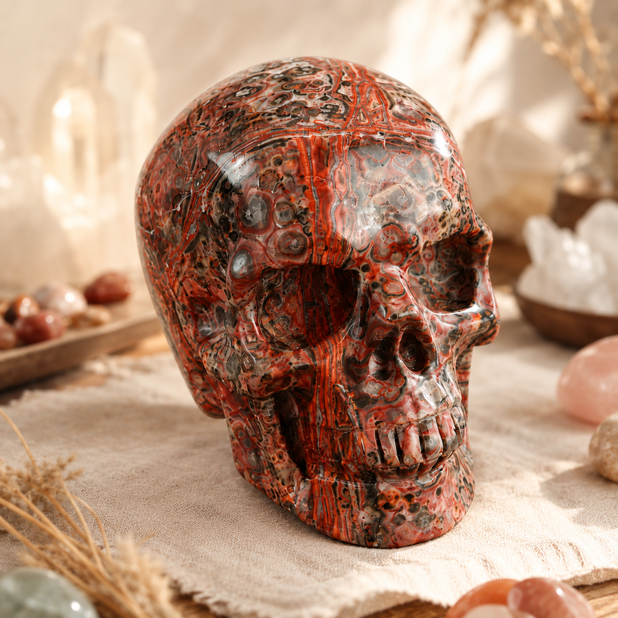 3 Zoll großer Totenkopf aus rotem Leopardenfellstein