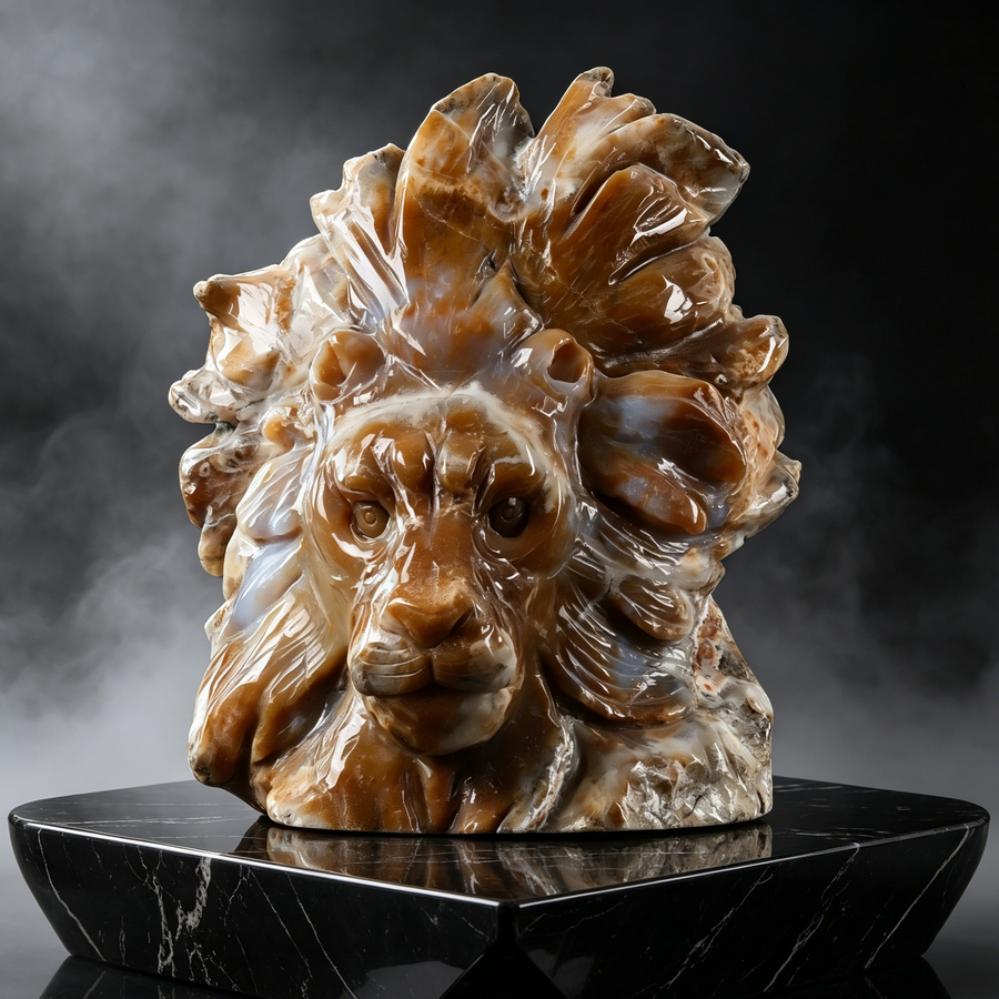 Yellow Chalcedony Lion Head Carving — view 1