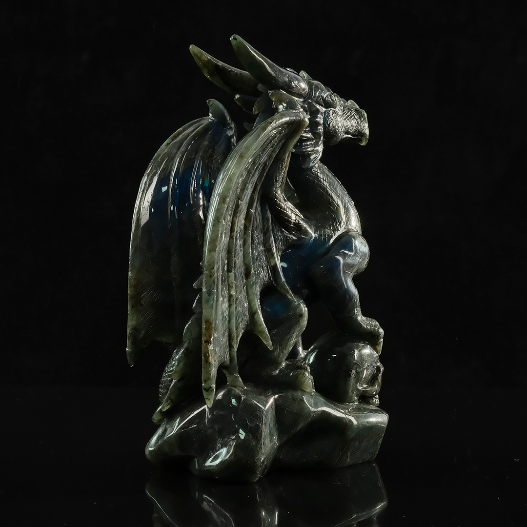 Labradorite Winged Dragon on Skull - Sculpture — view 7