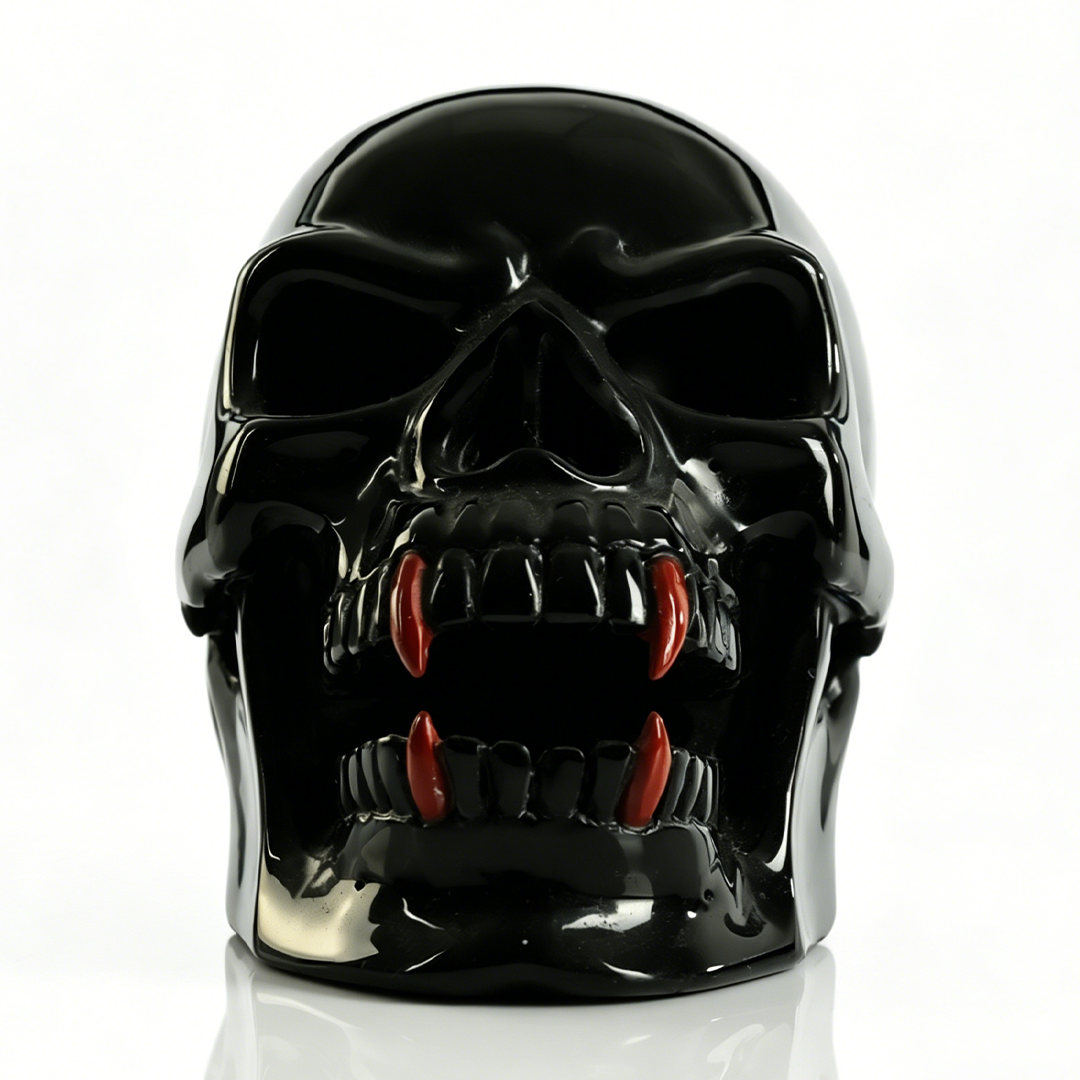 Black Obsidian Skull Inlaid Red Jasper Fangs - Sculpture Carving — view 4