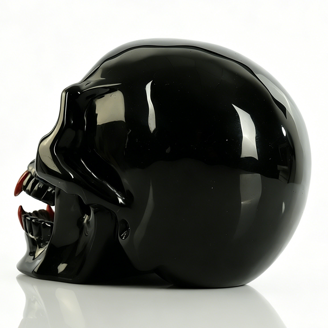 Black Obsidian Skull Inlaid Red Jasper Fangs - Sculpture Carving — view 5