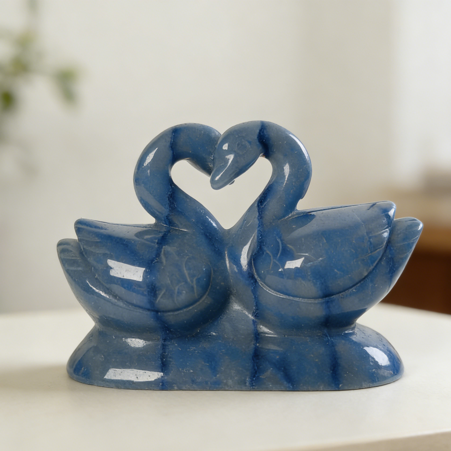 Blue Aventurine Swan Couple Carving – Sculpture — view 1