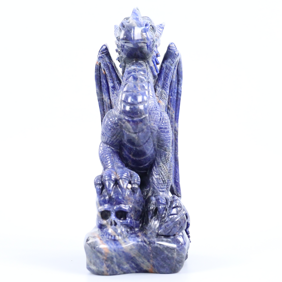 Sodalite Winged Dragon on Crystal Skull — view 1