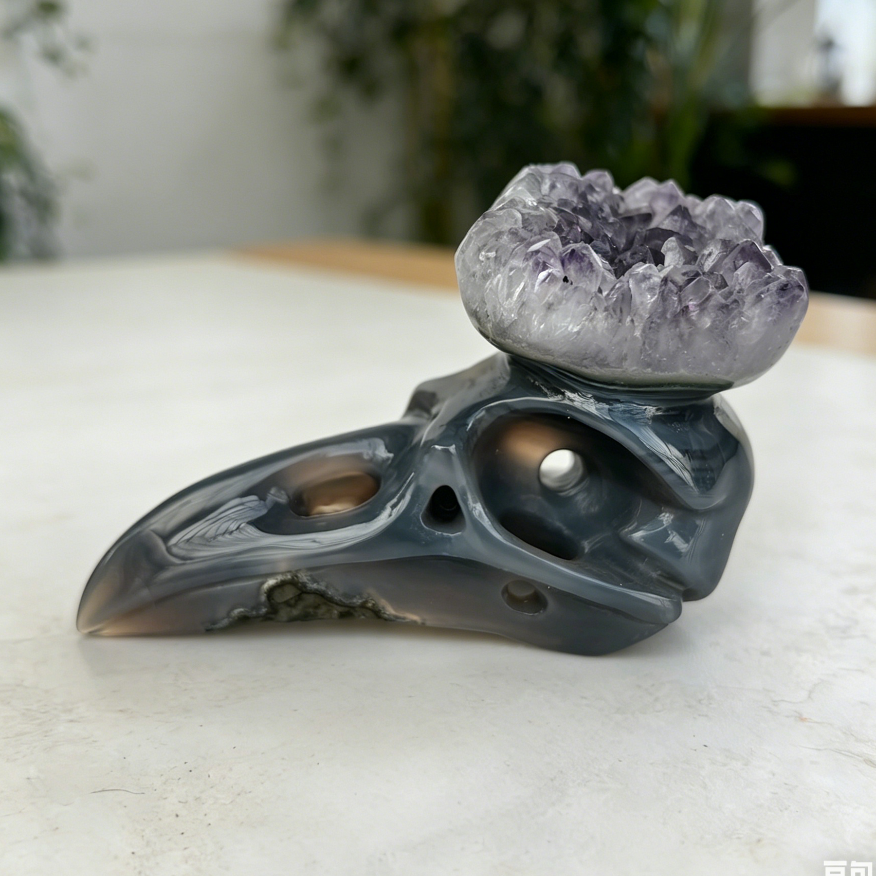 4 inch Amethyst Cluster Crow Skull - Natural Amethyst Crystal Carving — view 3