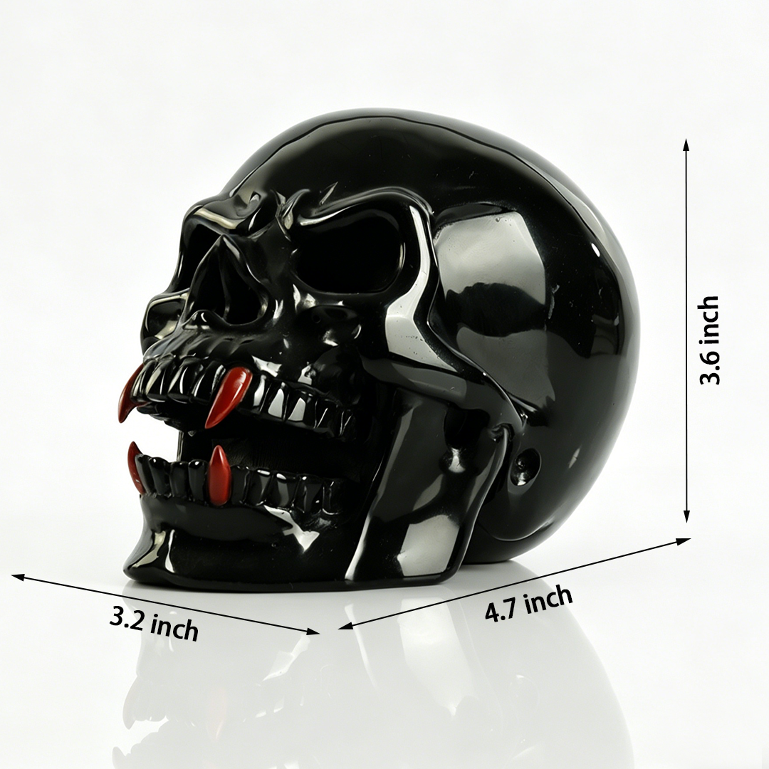 Black Obsidian Skull Inlaid Red Jasper Fangs - Sculpture Carving — view 2