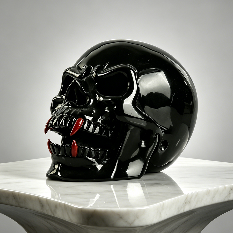 Black Obsidian Skull Inlaid Red Jasper Fangs - Sculpture Carving — view 1