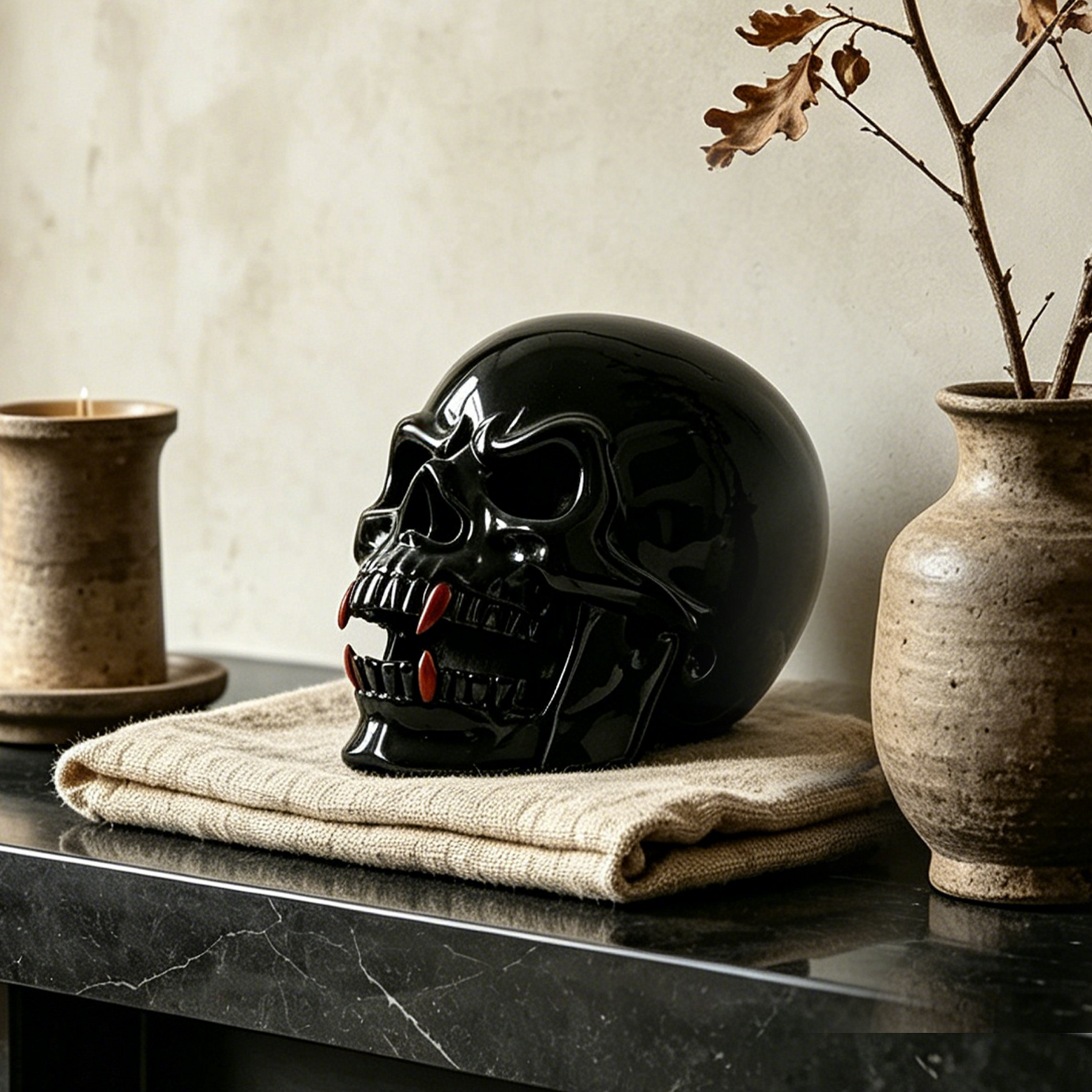 Black Obsidian Skull Inlaid Red Jasper Fangs - Sculpture Carving — view 6