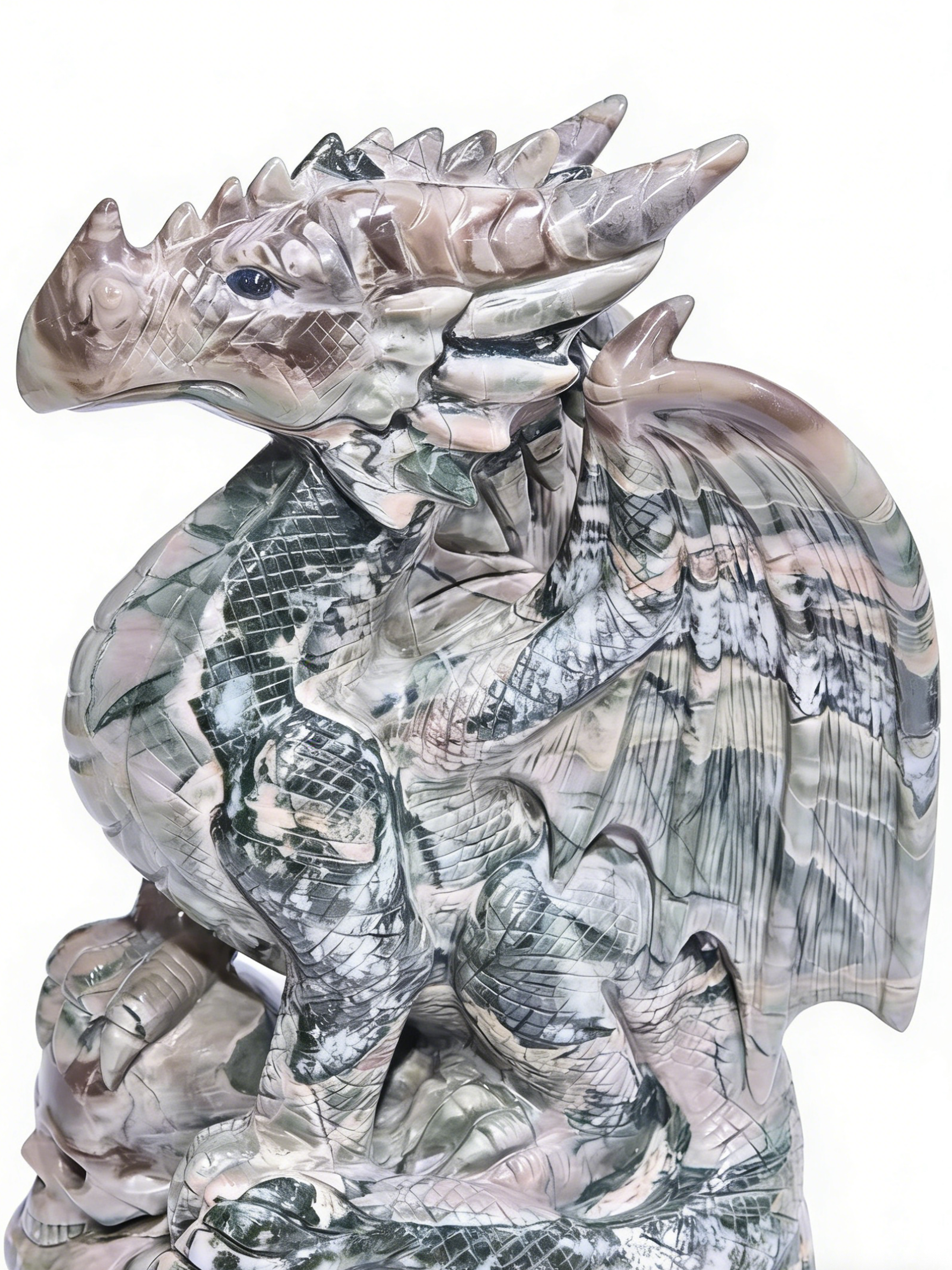 Nine Drogon Jade Winged Dragon on Crystal Skull – Gemstone Sculpture — view 8