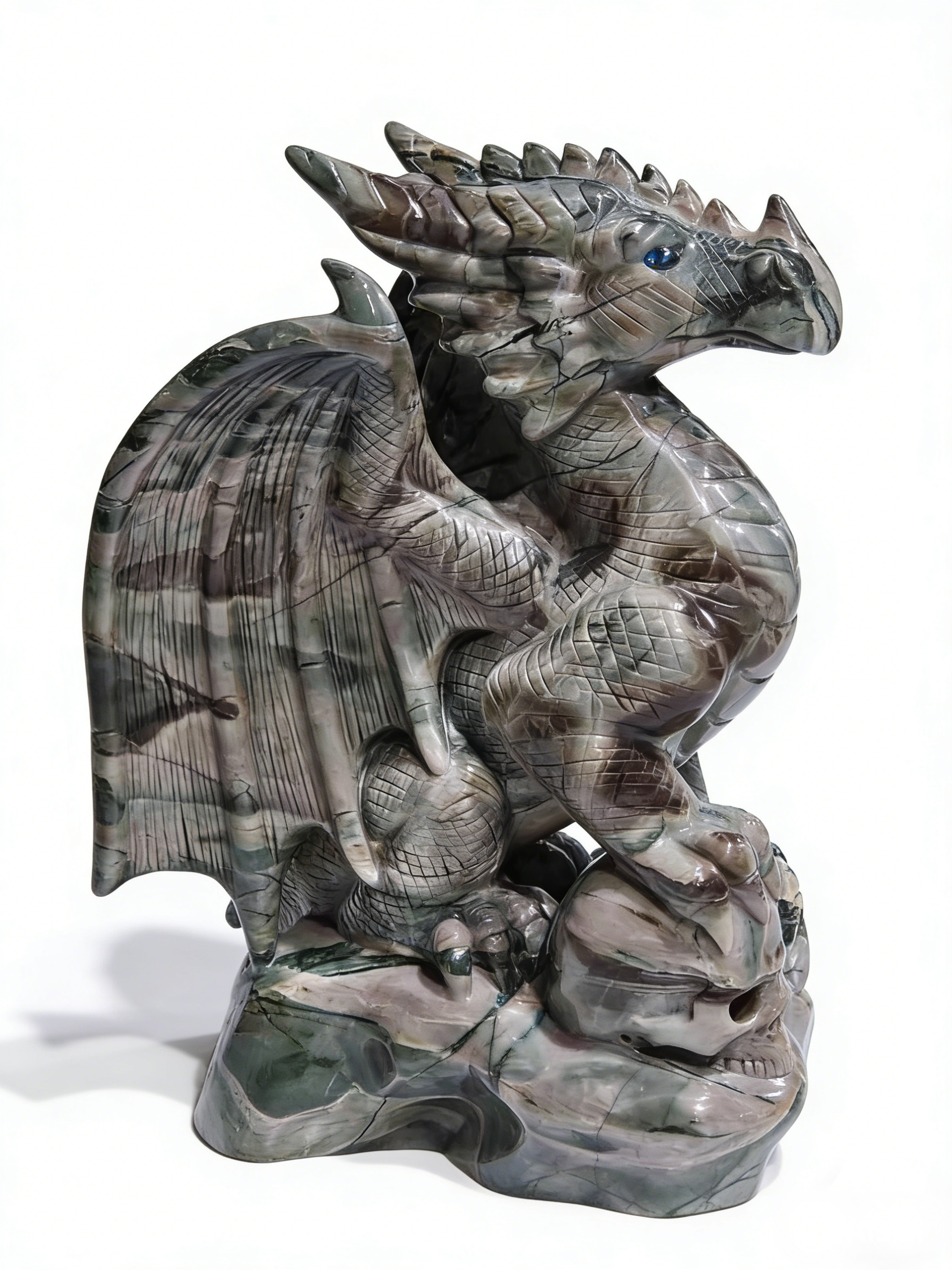 Nine Drogon Jade Winged Dragon on Crystal Skull – Gemstone Sculpture — view 2