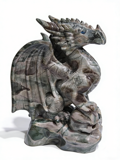 Nine Drogon Jade Winged Dragon on Crystal Skull – Gemstone Sculpture — view 2
