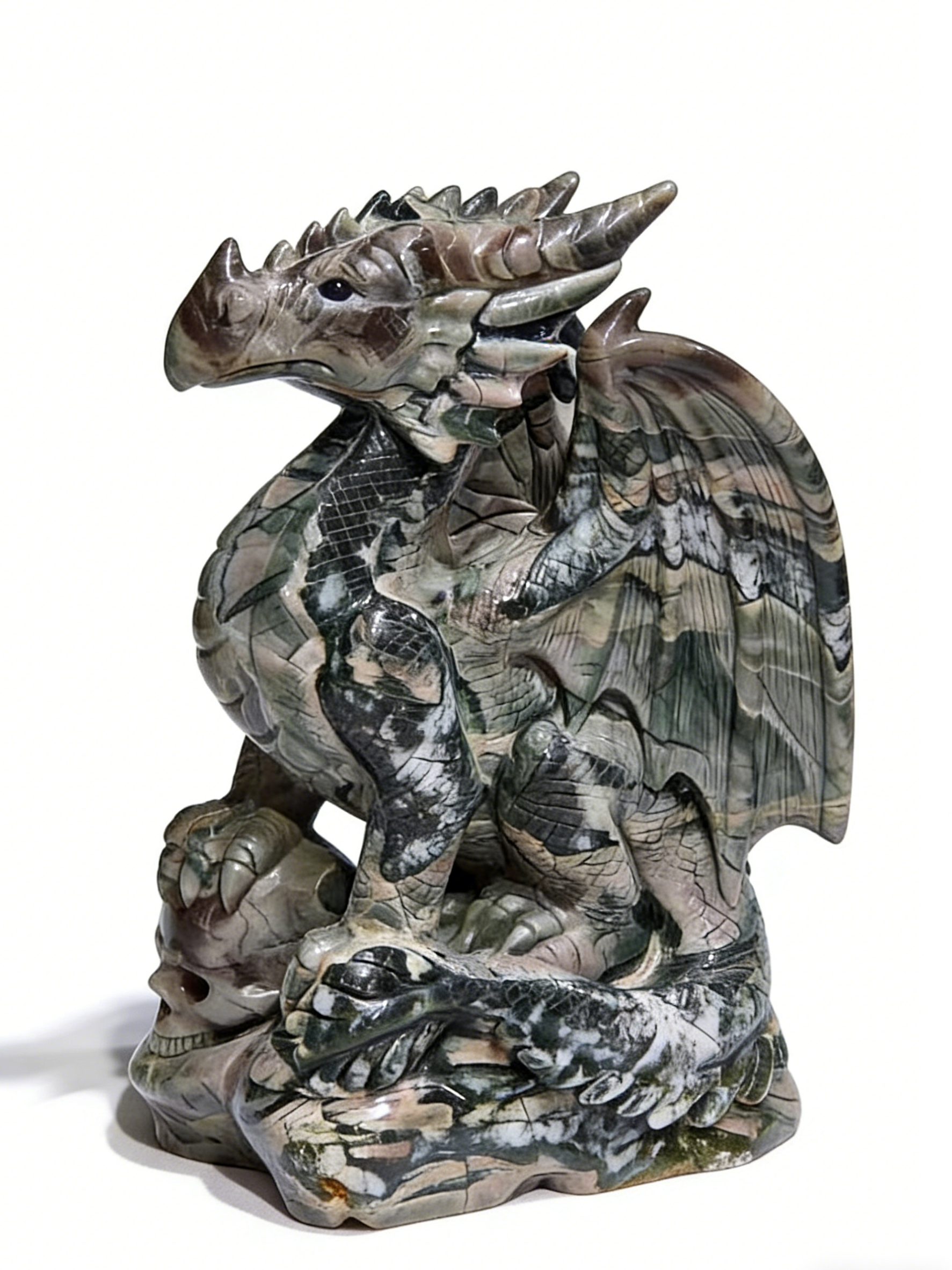 Nine Drogon Jade Winged Dragon on Crystal Skull – Gemstone Sculpture — view 1