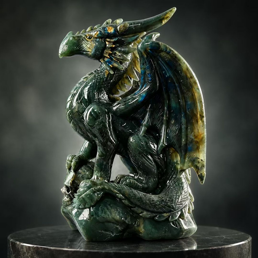 Labradorite Winged Dragon on Skull - Sculpture — view 1
