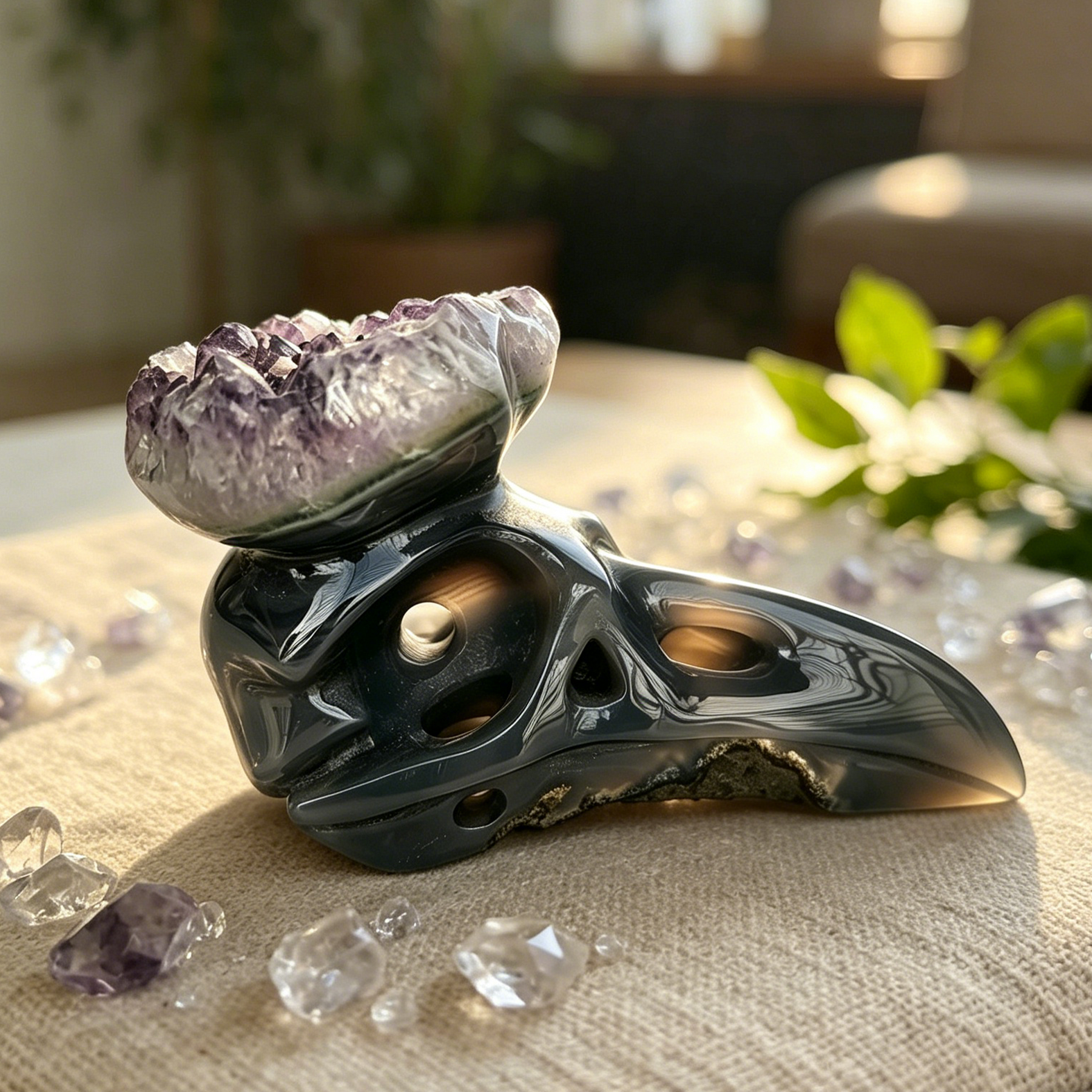 4 inch Amethyst Cluster Crow Skull - Natural Amethyst Crystal Carving — view 8