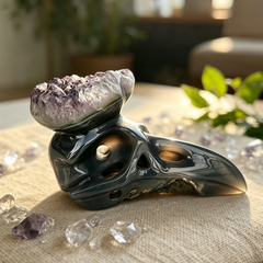 4 inch Amethyst Cluster Crow Skull - Natural Amethyst Crystal Carving — view 8