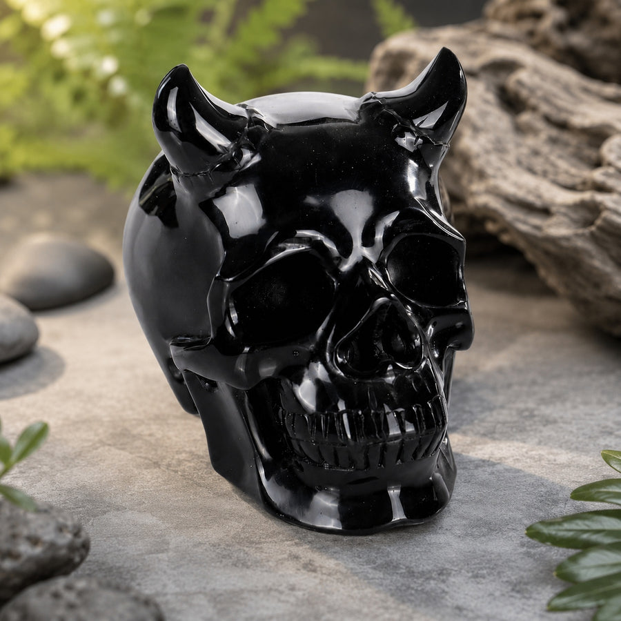 Schwarzer Obsidian-Totenkopf mit Horn