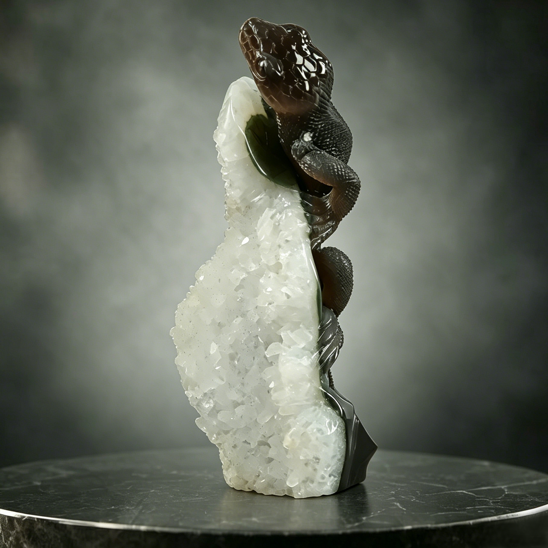 White Quartz Cluster Lizard Carving — view 1