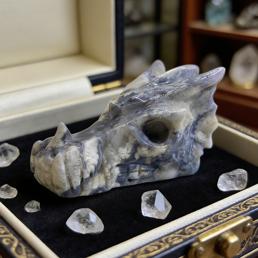 2.5 inch Blue Flower Agate Chinese Dragon Skull - Natural Agate — view 1
