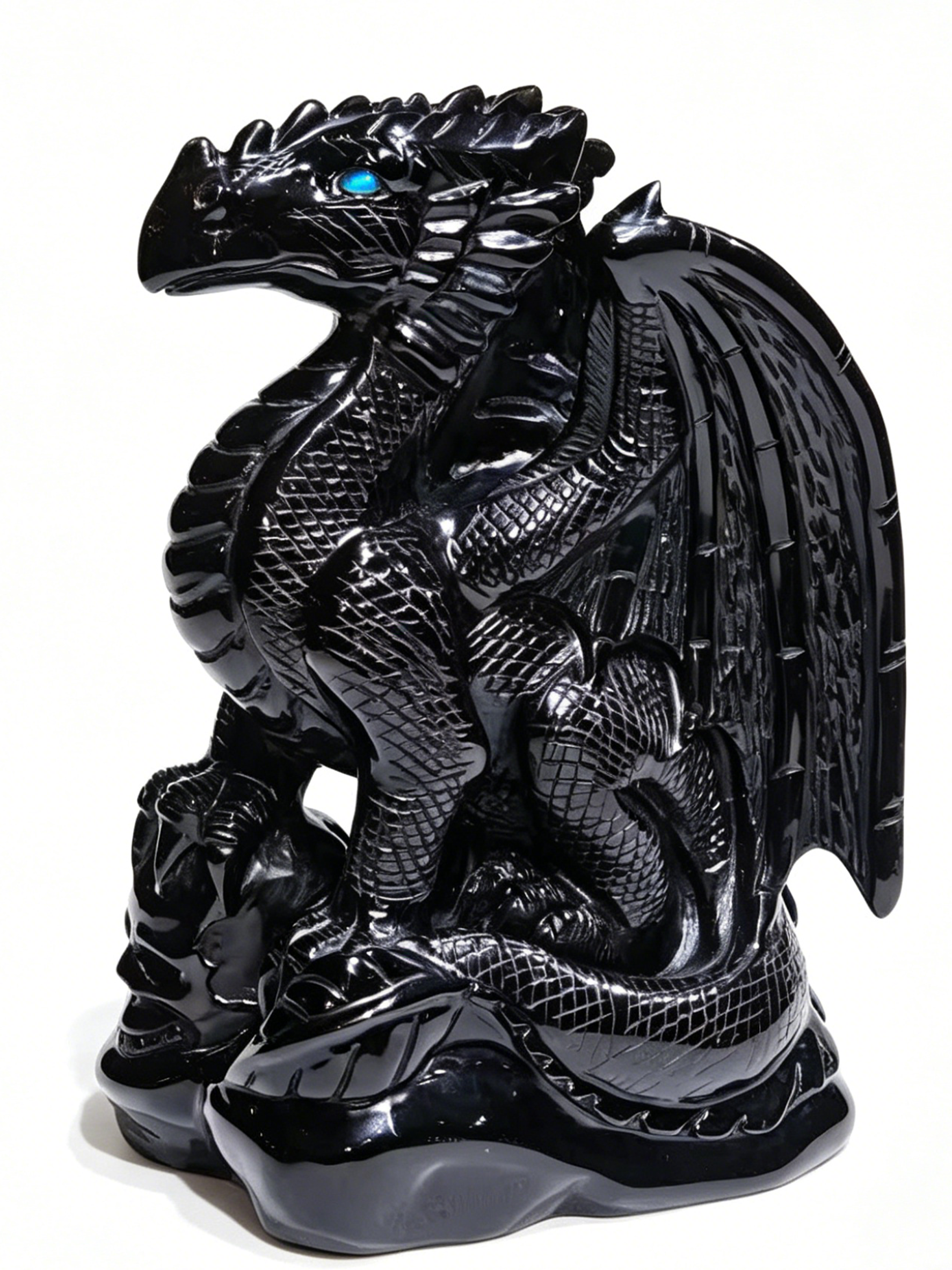 Obsidian Winged Dragon on Crystal Skull – Protection Stone — view 1