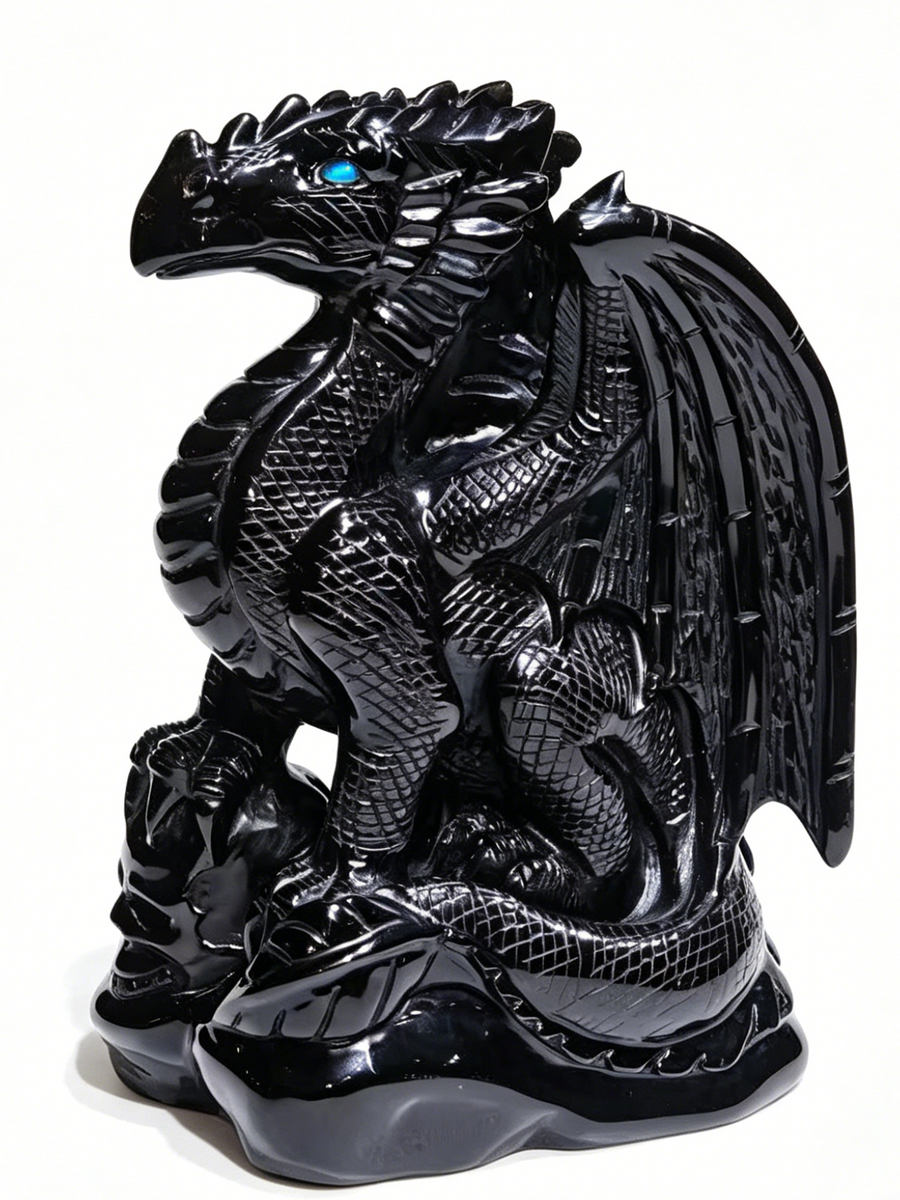 Obsidian Winged Dragon on Crystal Skull – Protection Stone — view 1