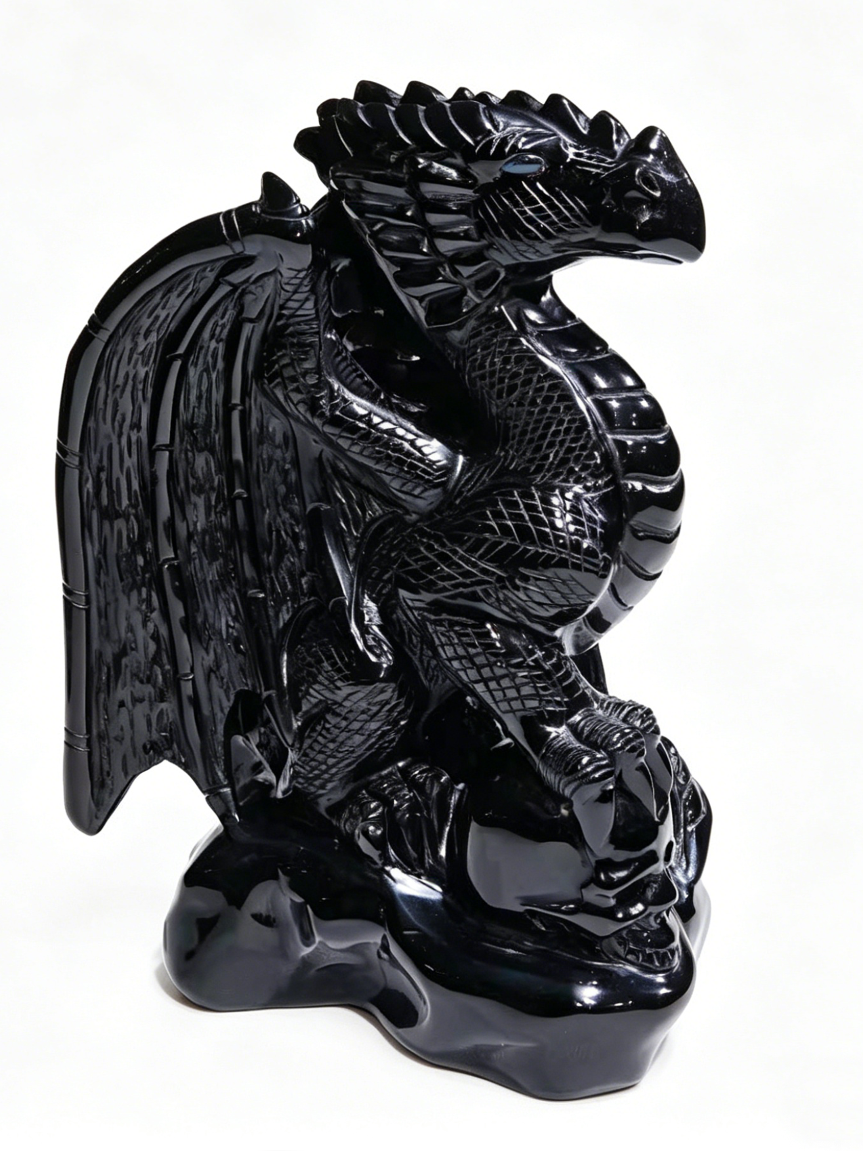 Obsidian Winged Dragon on Crystal Skull – Protection Stone — view 3
