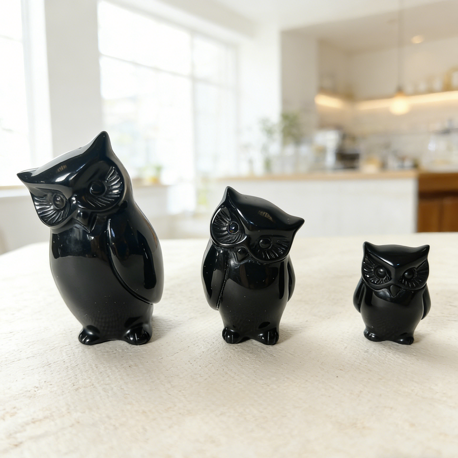 Black Obsidian Owl Family Carving – Protection Stone — view 1