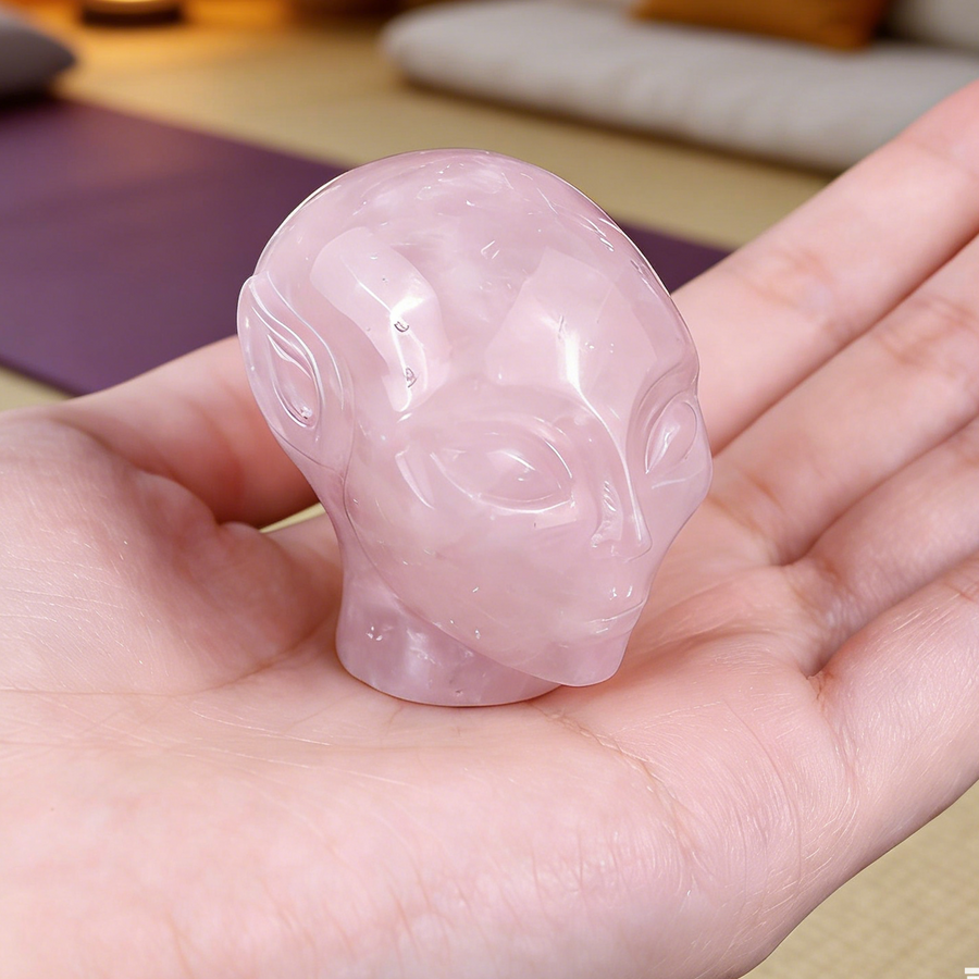2 Inch Rose Quartz Alien Crystal Skull – Mini Healing Stone Skull — view 1