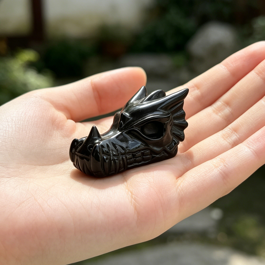 2 inch Black Obsidian Chinese Dragon Skull - Natural Obsidian Sculpture — view 1