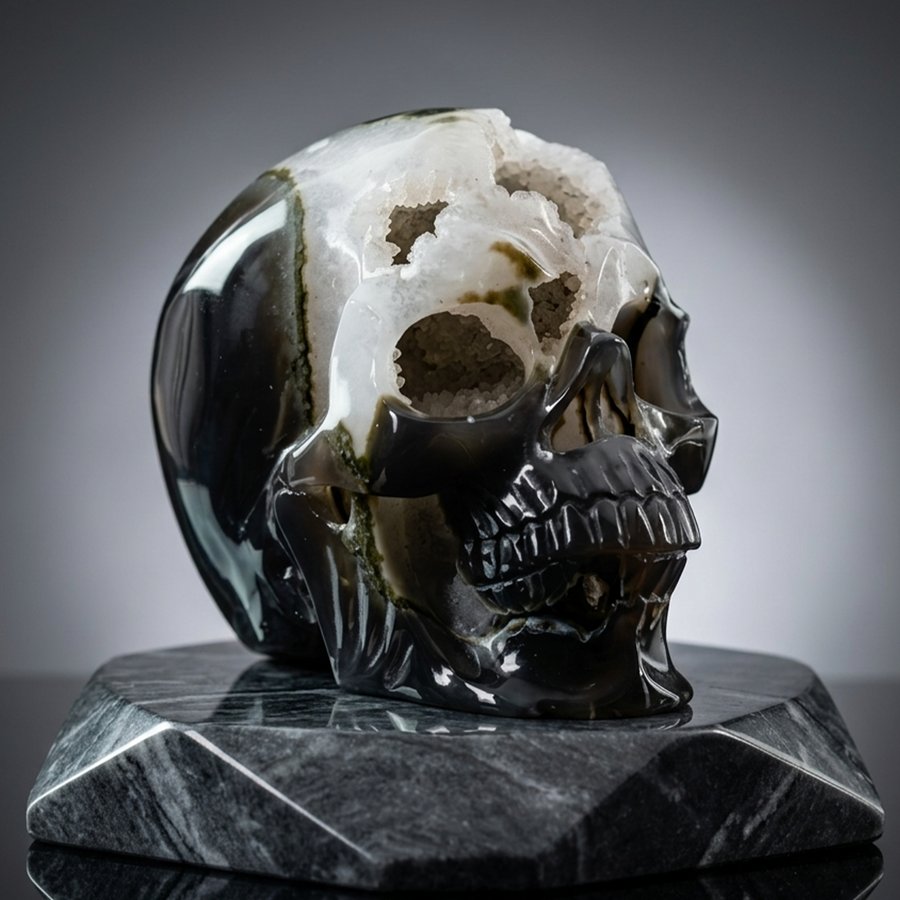 6.5 inch Carved Geode Agate Skull - Sculpture Carving — view 1