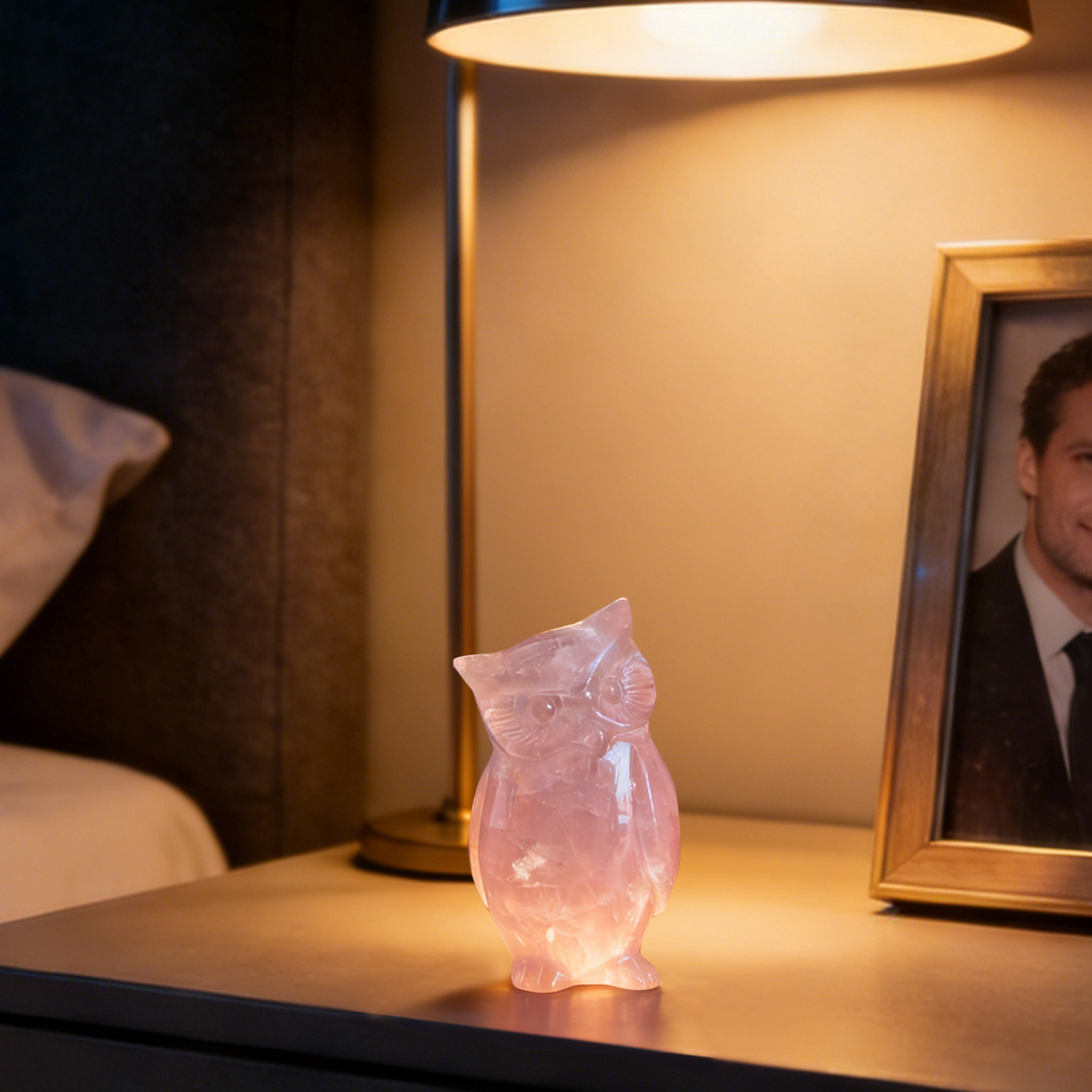 Rose Quartz Owl Carving — view 6