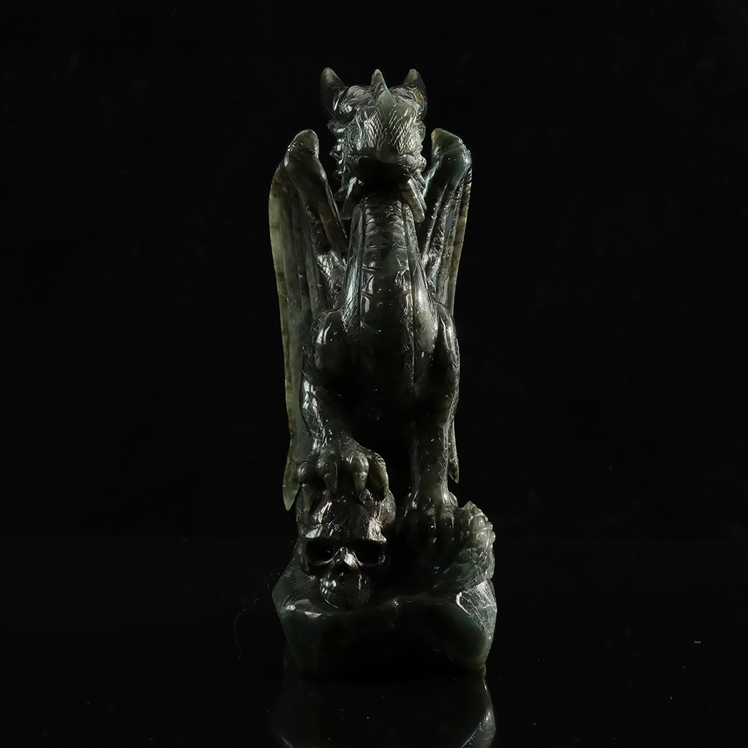 Labradorite Winged Dragon on Skull - Sculpture — view 8