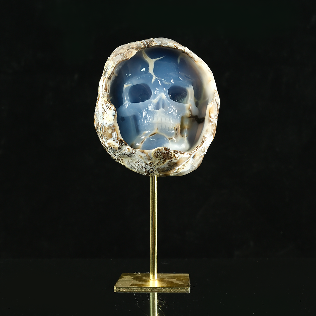 Blue Chalcedony Cave Carving Skull in Raw Crust — view 8