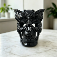 Obsidian Skull with Frosted Butterfly Mask - Natural Obsidian Carving — view 8