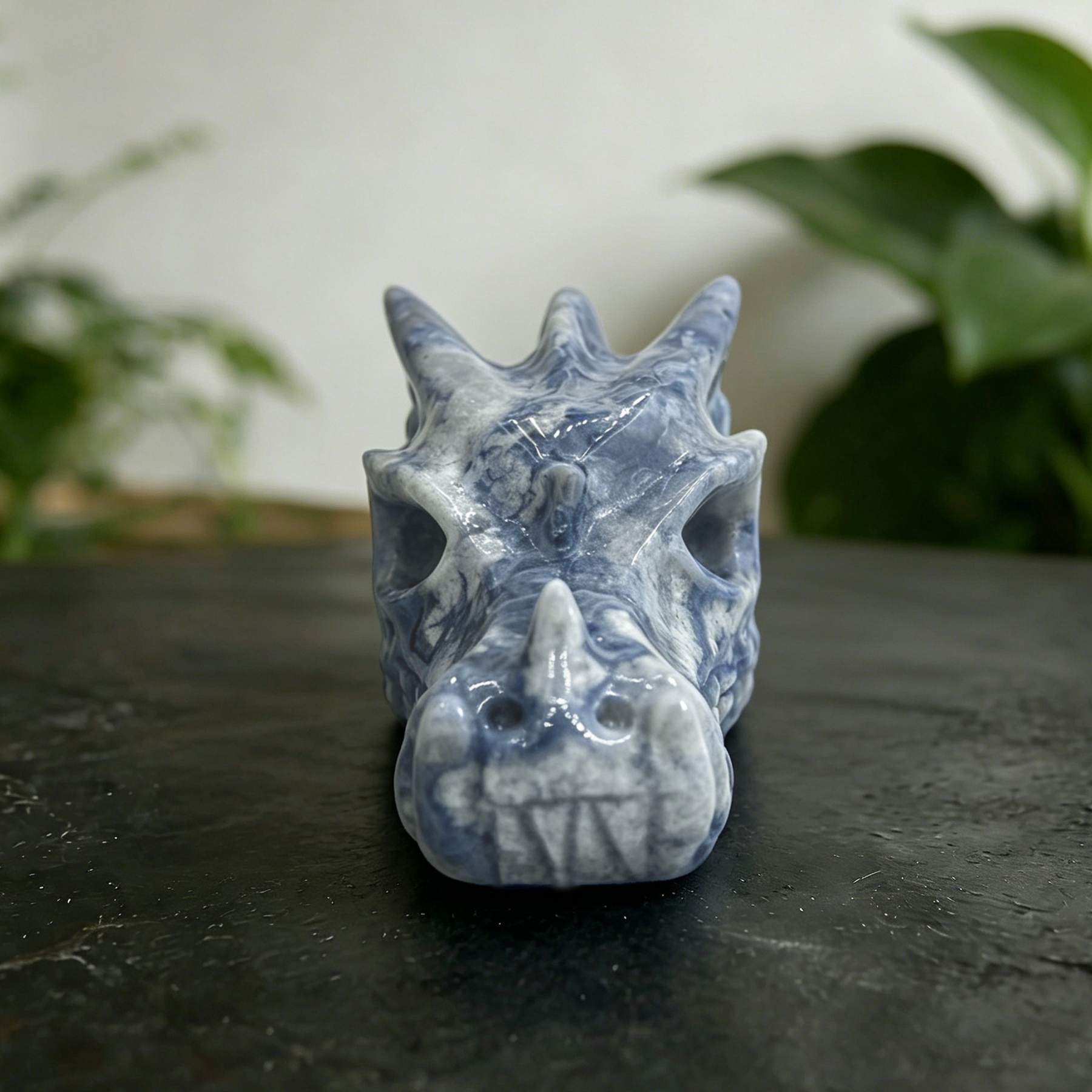 2 inch Blue Flower Agate Chinese Dragon Skull - Natural Agate — view 8