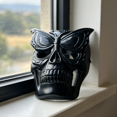 Obsidian Skull with Frosted Butterfly Mask - Natural Obsidian Carving — view 1