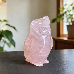 Rose Quartz Owl Carving — view 4