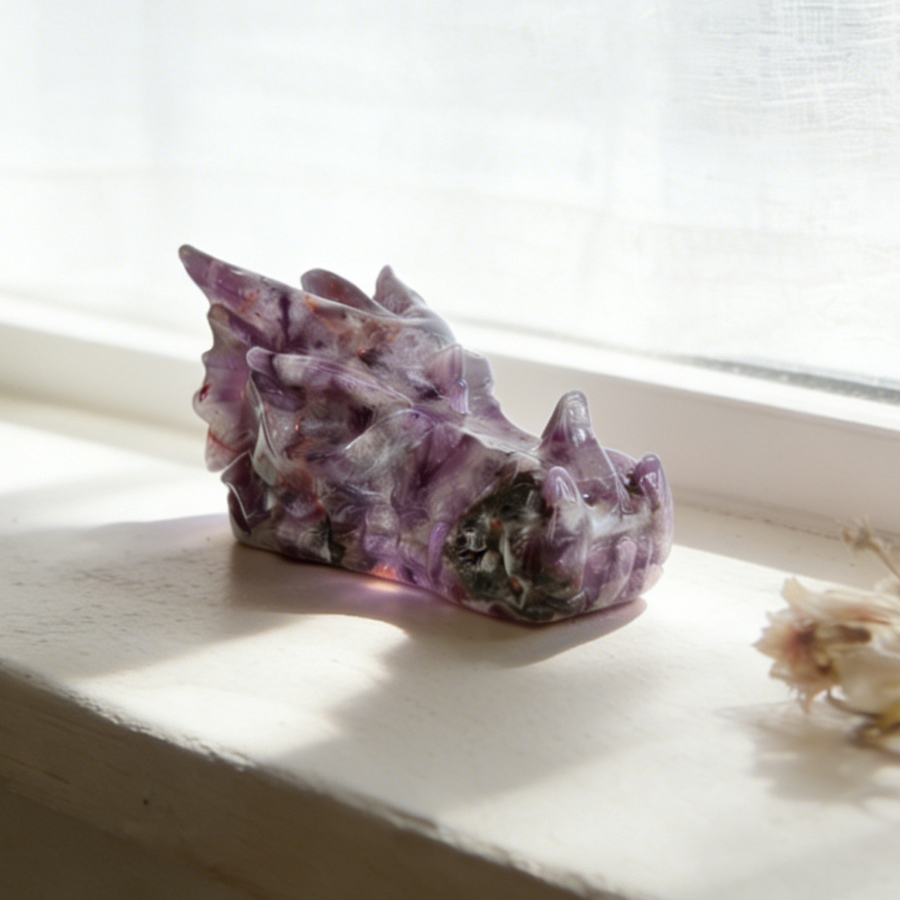 4.2 inch Dream Amethyst Chinese Dragon Skull - Natural Amethest Sculpture — view 1