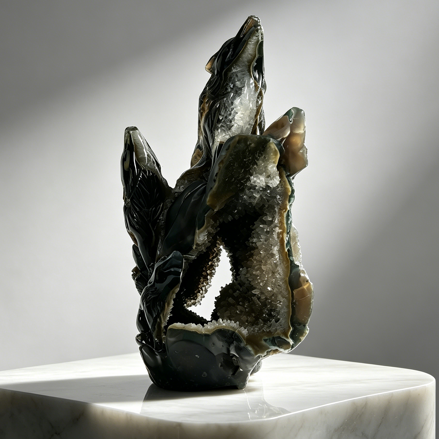 Natural Geode Agate Wolf Carving - Sculpture Carving — view 1
