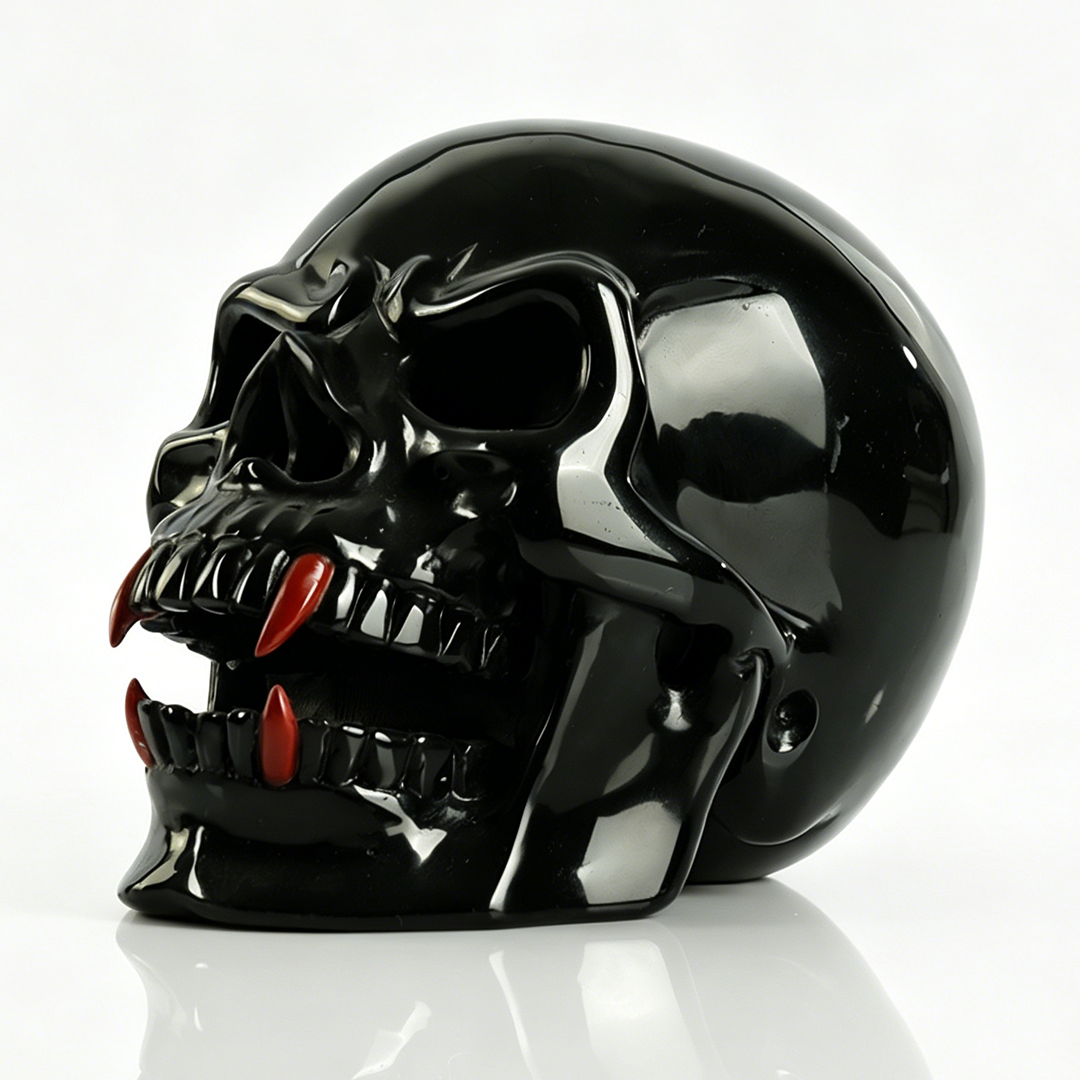 Black Obsidian Skull Inlaid Red Jasper Fangs - Sculpture Carving — view 3