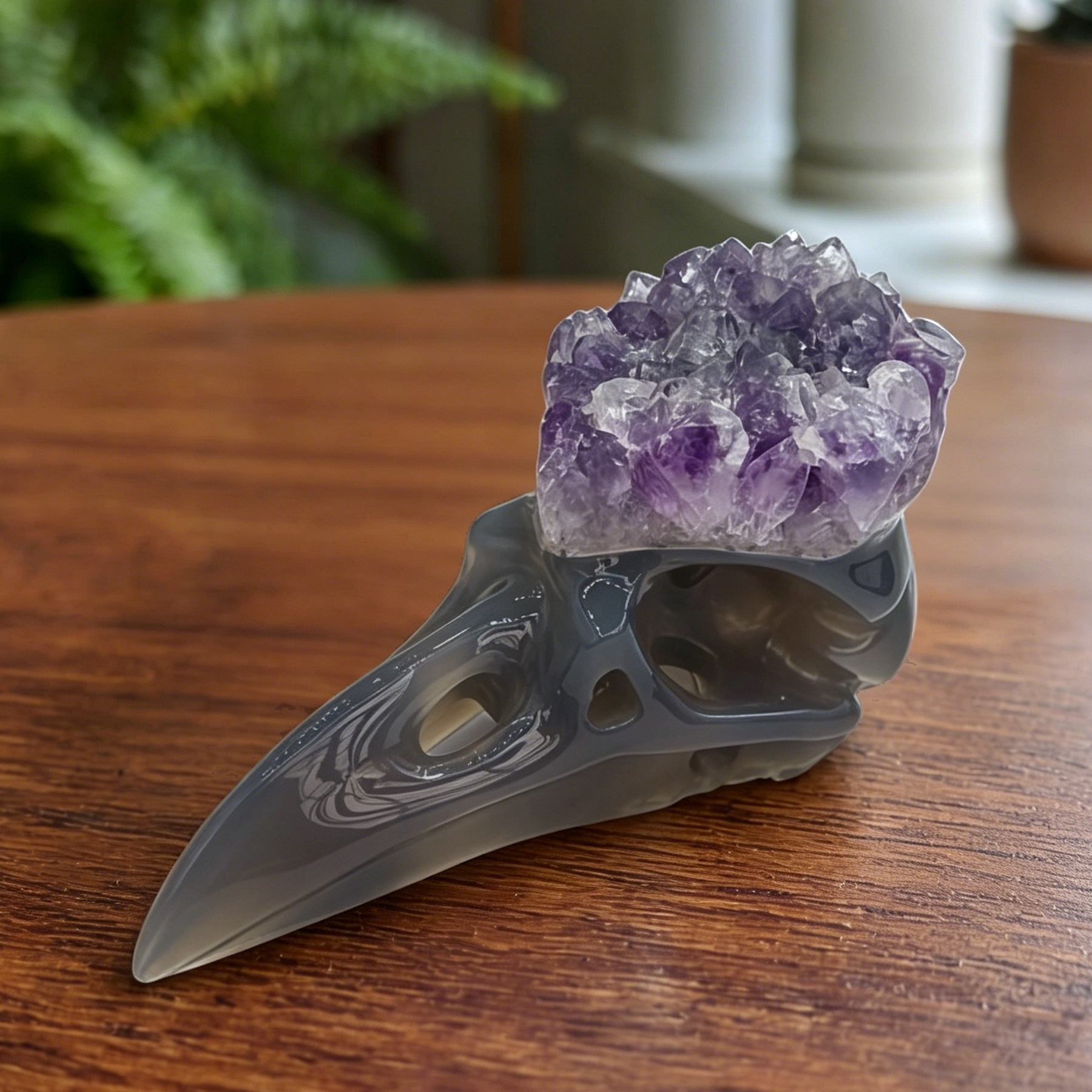 3.5 inch Amethyst Cluster Crow Skull - Natural Amethyst Crystal Carving — view 1