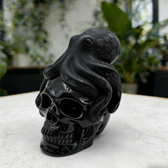 Black Obsidian Skull with Octopus Sculpture-Unique — view 1