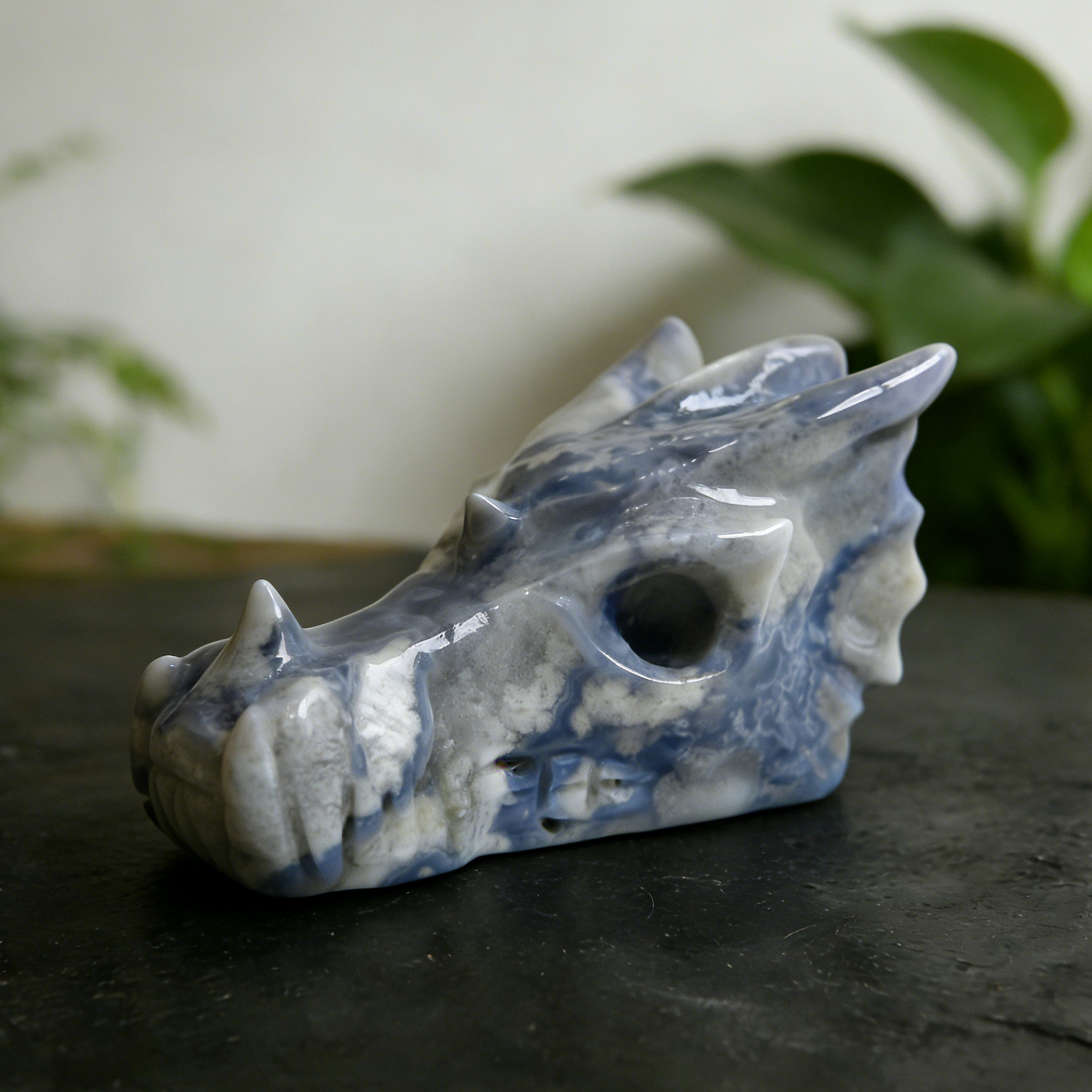 2 inch Blue Flower Agate Chinese Dragon Skull - Natural Agate — view 3