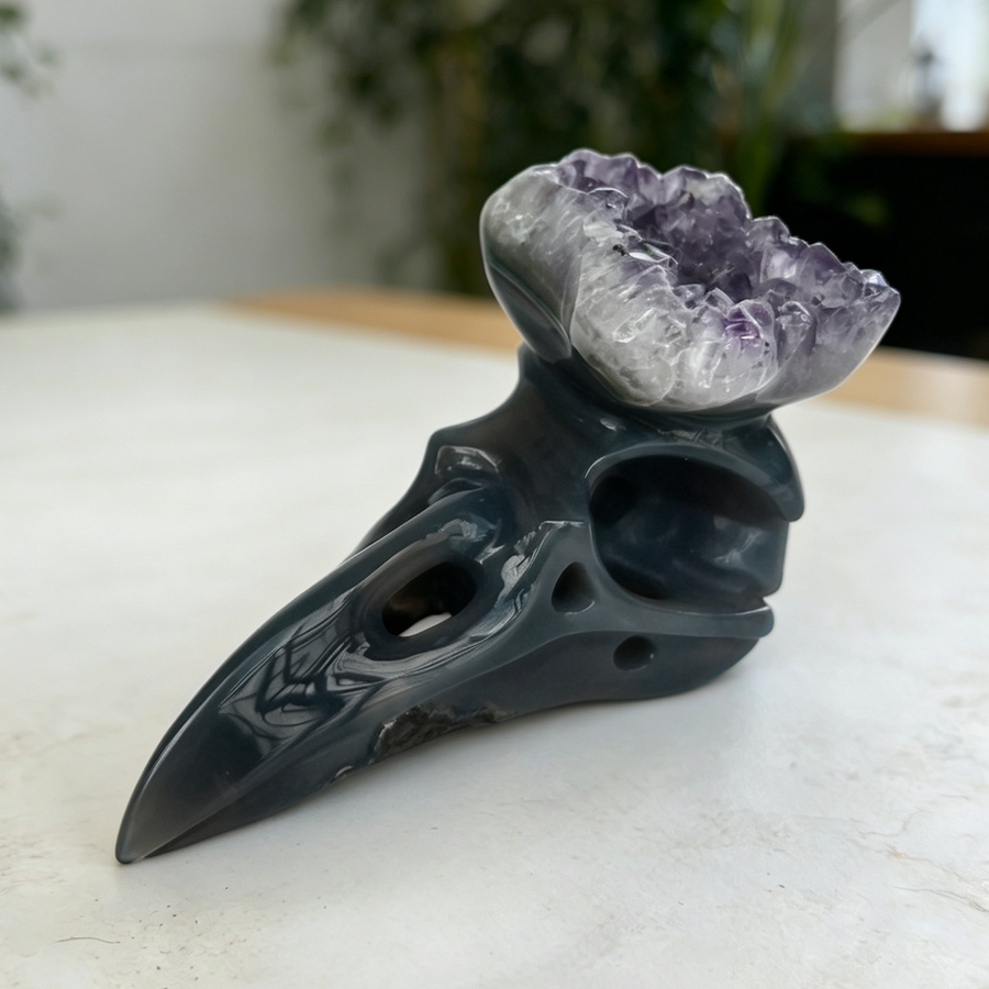 4 inch Amethyst Cluster Crow Skull - Natural Amethyst Crystal Carving — view 1