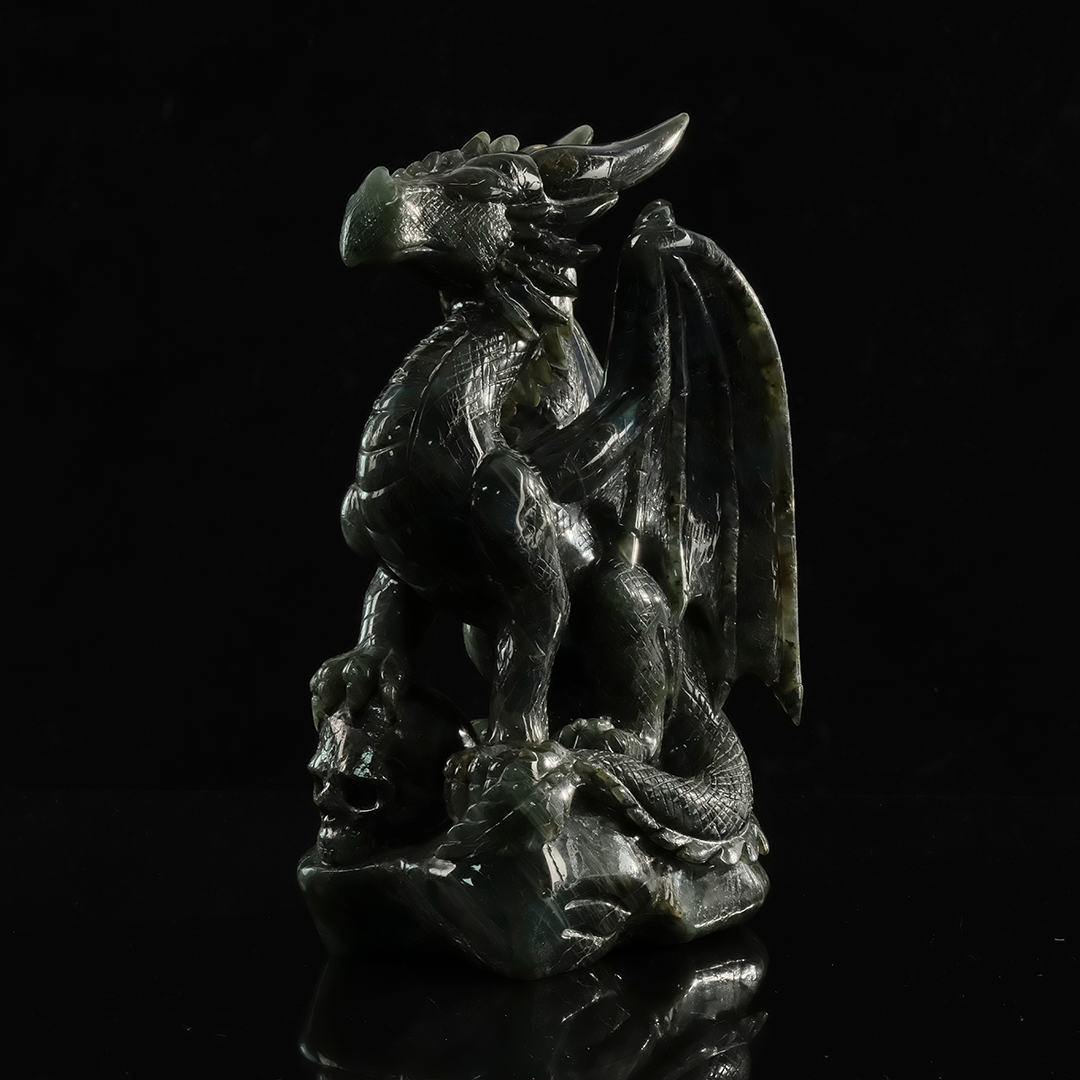 Labradorite Winged Dragon on Skull - Sculpture — view 4