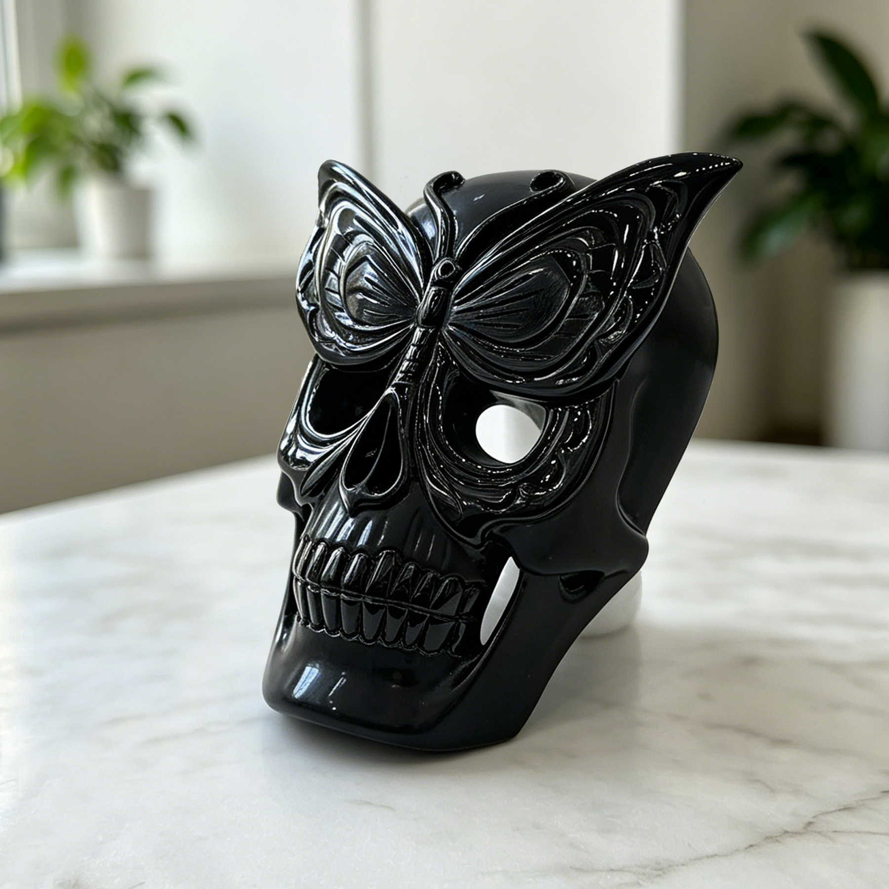 Obsidian Skull with Frosted Butterfly Mask - Natural Obsidian Carving — view 3