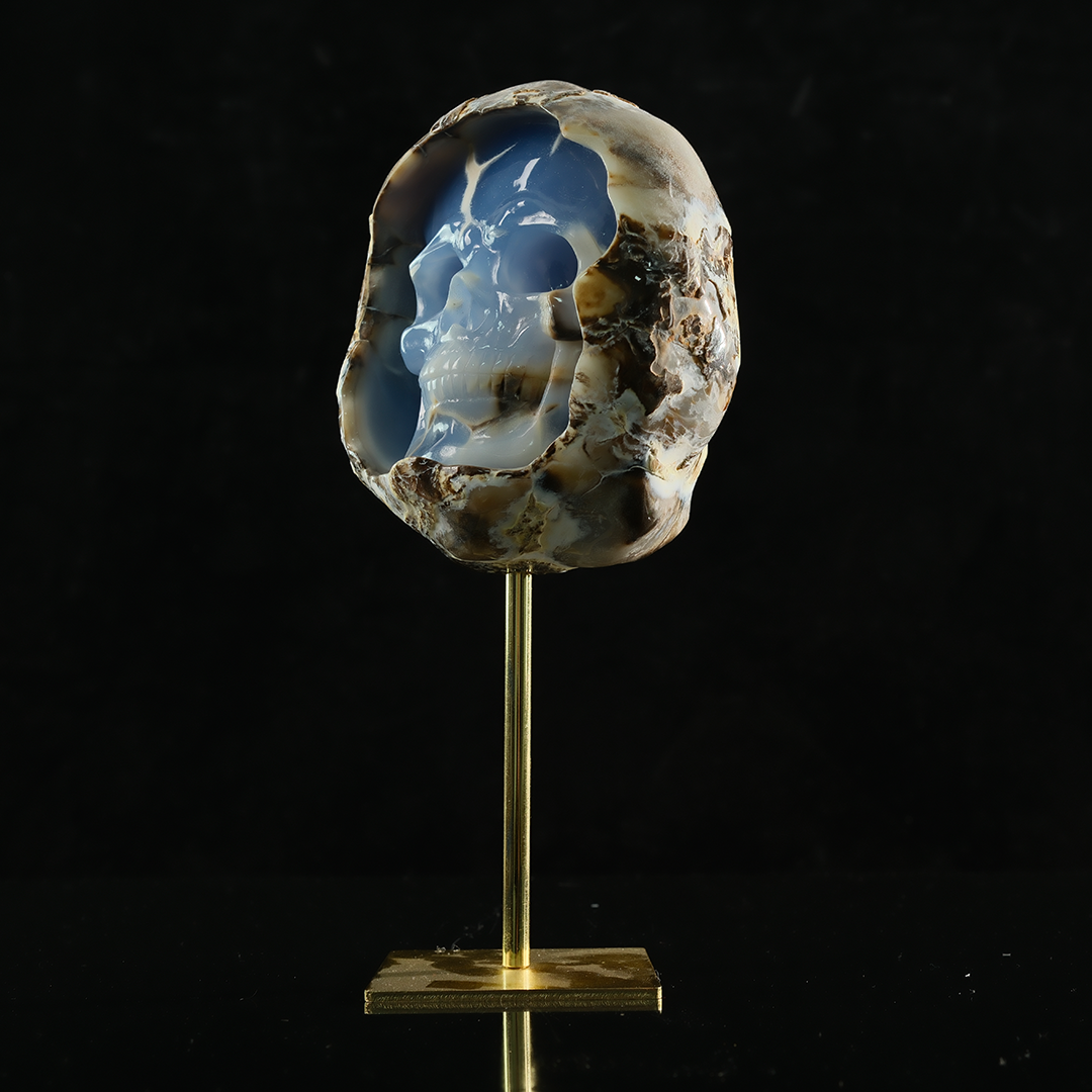 Blue Chalcedony Cave Carving Skull in Raw Crust — view 3