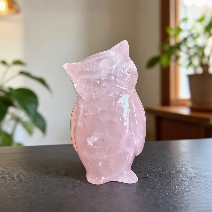 Rose Quartz Owl Carving — view 1